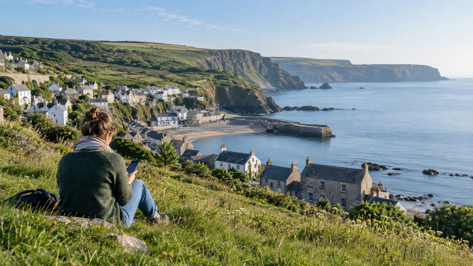 Editorial image of a person with a phone overlooking a British coastal landscape